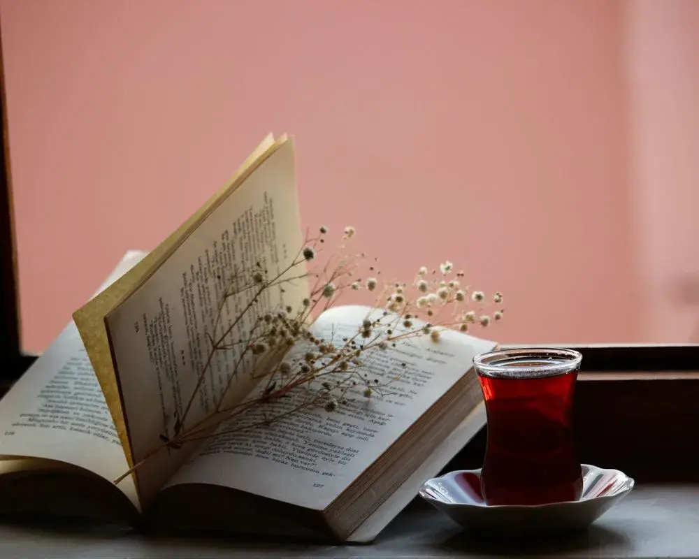Livre ouvert, fleurs séchées et tasse de thé près d’une fenêtre